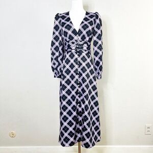 Olivia Rubin Midi Dress Sandra Plaid Button Front‎ Black Long Sleeve V Neck Sz 2